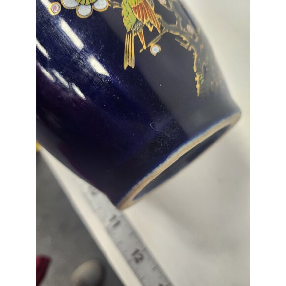 Vintage Artmark Cobalt Blue Gold Floral Bird Vase Ceramic Japanese Pottery Decor - Picture 10 of 11